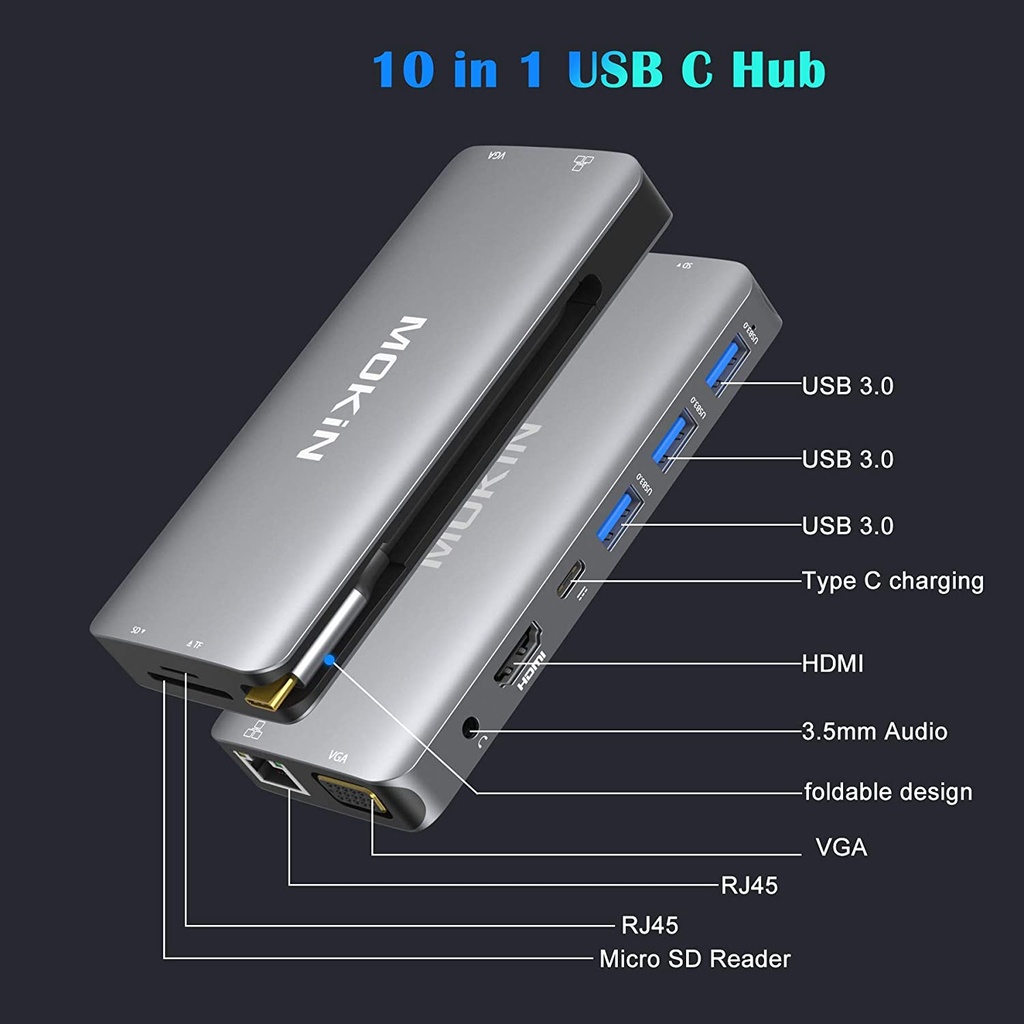 MOKIN – ADAPTADOR 10EN1 USB C A HDMI/VGA/RJ45/HDMISD/AUDIO