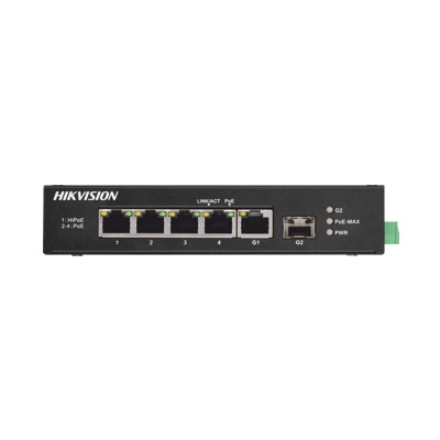 Hikvision DS-3T0306HP-E/HS - Conmutador - sin gestionar - 3 x 10/100 (PoE) + 1 x 10/100 (Hi-PoE) + 1 x Gigabit SFP + 1 x 10/100/1000 - sobremesa - High PoE / PoE (60 W) - DC power
