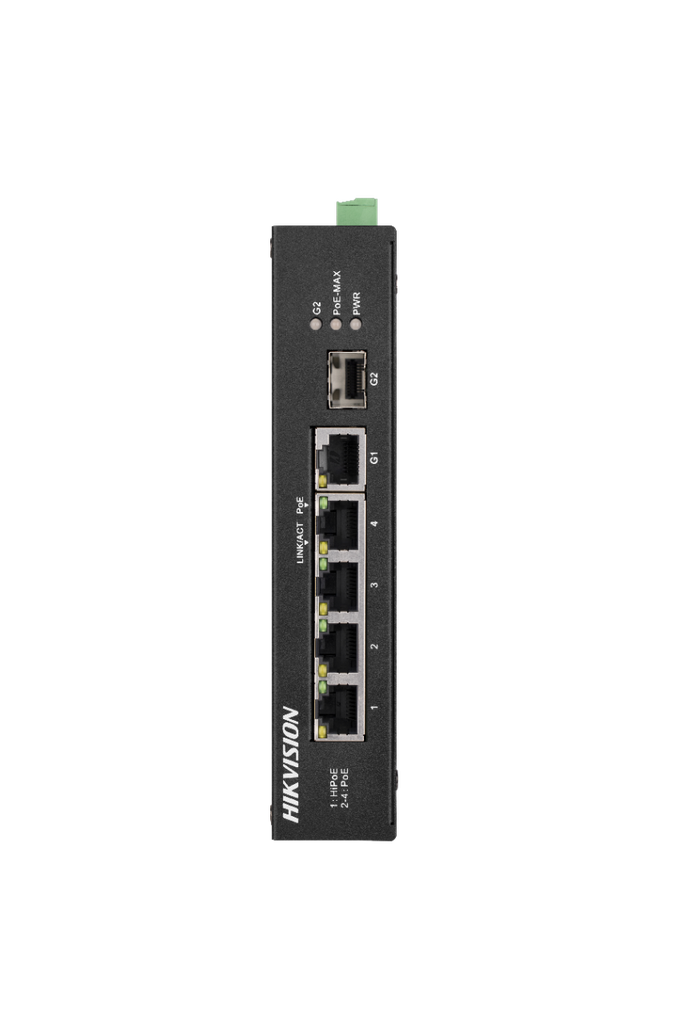 Hikvision DS-3T0306HP-E/HS - Conmutador - sin gestionar - 3 x 10/100 (PoE) + 1 x 10/100 (Hi-PoE) + 1 x Gigabit SFP + 1 x 10/100/1000 - sobremesa - High PoE / PoE (60 W) - DC power