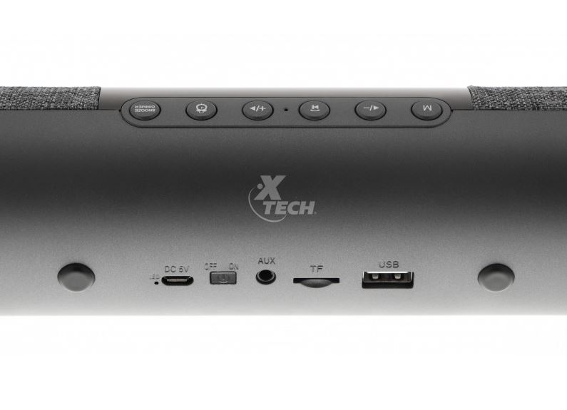 Xtech XTS-650 - Styx Barra de sonido - Negro con gris - Barra de sonido con reloj digital, tecnología inalámbrica y micrófono integrado para conversaciones con manos libres - Reproducción de música sin cables hasta 10 metros de distancia de la fuente de audio- (XTS-650)