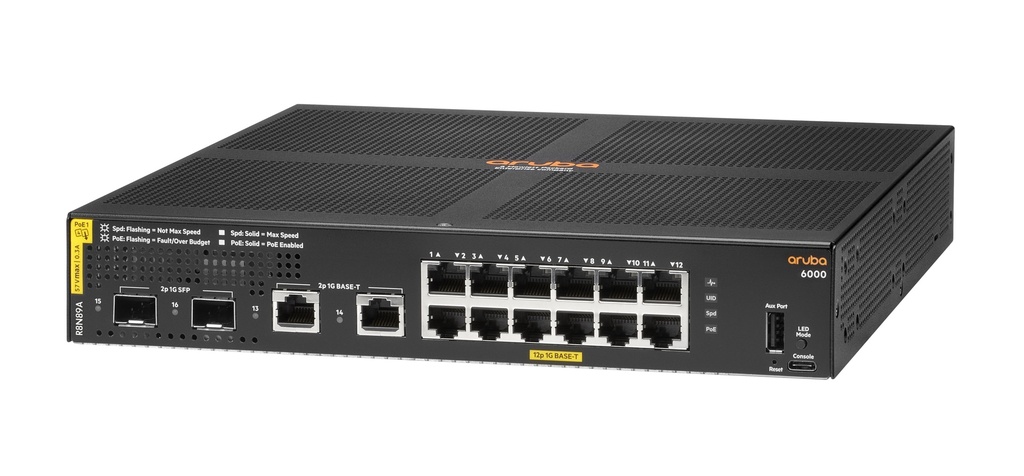 HPE Aruba 6000 12G Class4 PoE 2G/2SFP 139W Switch - Conmutador - Gestionado - 12 x 10/100/1000 (PoE+) + 2 x Gigabit SFP + 2 x 1000Base-T - montaje en rack - PoE (139 W)