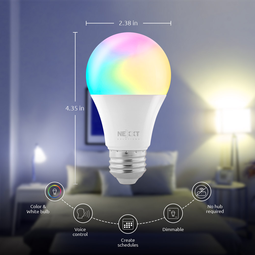 Nexxt Solutions Connectivity - Light Bulb - A19 CCT 110V - Conexion Wi-Fi - Bombillo de luz blanca regulable - Compatible con Amazon Alexa y Google Assistant - 800 Lumen - 9W (Equivalente a 60 W) - 110 V /220 V