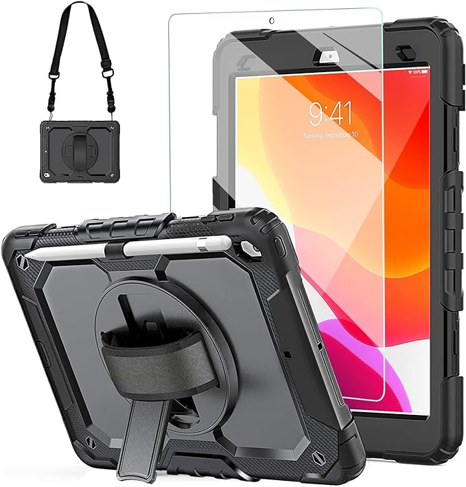 Funda a prueba de golpes para iPad de 9ª 10.2 con correa de hombro  Negro