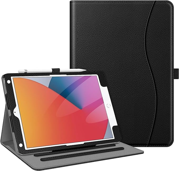 Funda de piel sintética para iPad de 9/8/7ª generación  de 10.2 pulgadas con protección para esquinas color negro