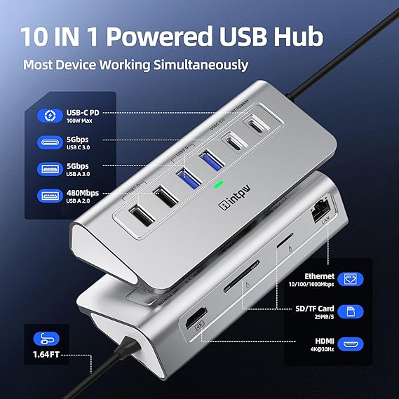 Hub USB C, estación de acoplamiento USB 10 en 1, adaptador USB a Ethernet de aluminio con HDMI 4K, PD 100W, Ethernet de 1 Gbps, USB-C y 2 USB A 3.0 5 Gbps, 2 USB 2.0, ranura SD/TF para MacBook