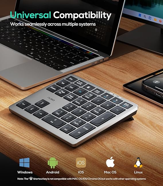 Nulea Teclado numérico inalámbrico Bluetooth 5.0 y 2.4G, recargable USB-C, teclado Bluetooth de 34 teclas para entrada de datos-Windows 8/10/11, macOS, iOS, Android y Chrome OS.