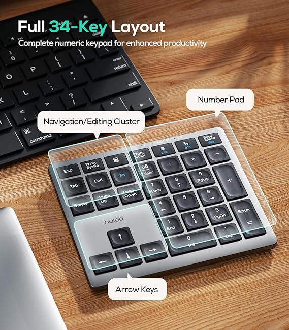 Nulea Teclado numérico inalámbrico Bluetooth 5.0 y 2.4G, recargable USB-C, teclado Bluetooth de 34 teclas para entrada de datos-Windows 8/10/11, macOS, iOS, Android y Chrome OS.