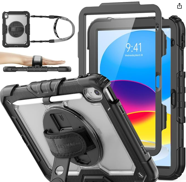 SEYMAC stock Funda para iPad (A16) de 11ª/10ª generación de 11''/10.9 pulgadas 2025/2022, funda de protección contra caídas de cuerpo completo con protector de pantalla y correa de mano/soporte