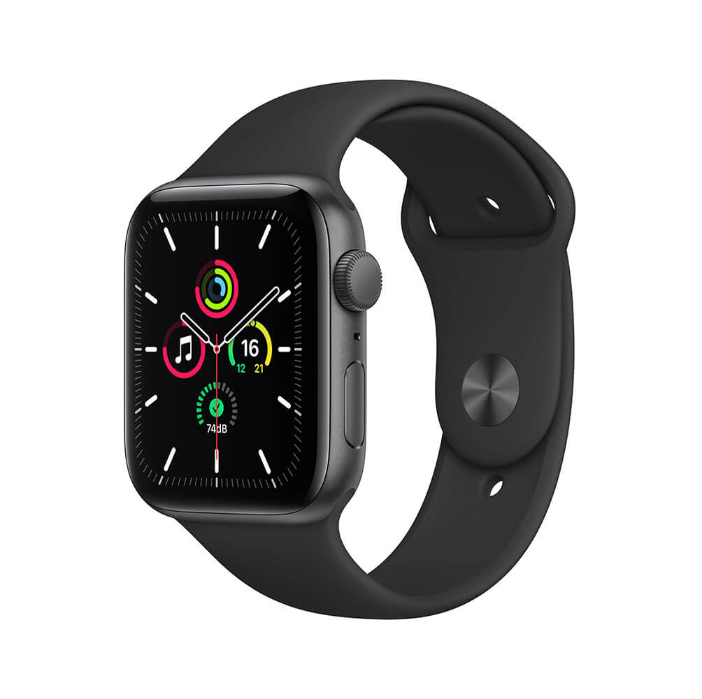 Apple Watch SE (GPS) - 44 mm - aluminio gris espacial - reloj inteligente con pulsera deportiva - fluoroelastómero - negro - tamaño de la banda: S/M/L - 32 GB - Wi-Fi, Bluetooth - 36.2 g