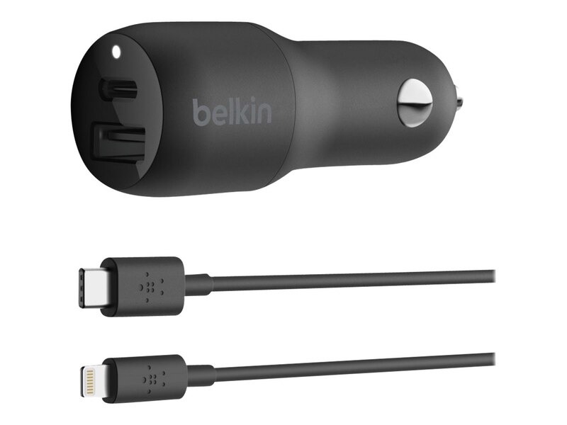 Belkin Car Charger - Adaptador de corriente para el coche - 32 vatios - Carga rápida / SP - 2 conectores de salida (USB, USB-C) - en el cable: Lightning - negro - para Apple iPad/iPhone/iPod (Lightning)