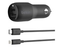 Belkin Car Charger - Adaptador de corriente para el coche - 32 vatios - Carga rápida / SP - 2 conectores de salida (USB, USB-C) - en el cable: Lightning - negro - para Apple iPad/iPhone/iPod (Lightning)