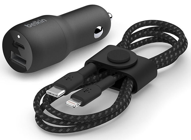 Belkin Car Charger - Adaptador de corriente para el coche - 32 vatios - Carga rápida / SP - 2 conectores de salida (USB, USB-C) - en el cable: Lightning - negro - para Apple iPad/iPhone/iPod (Lightning)
