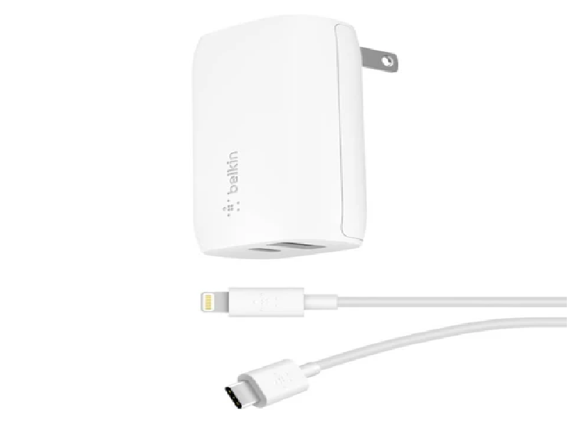 Belkin Wall Charger - Adaptador de corriente - 32 vatios - Carga rápida / SP - 2 conectores de salida (USB, USB-C con suministro de energía) - en el cable: Lightning - blanco - para Apple iPad/iPhone/iPod (Lightning)