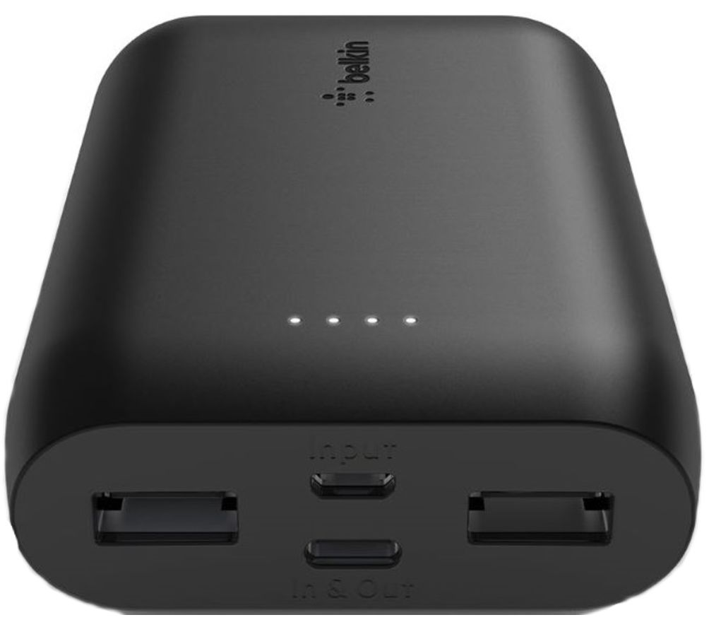Belkin - Cargador portátil - 10000 mAh - 15 vatios - 3 conectores de salida (2 x USB, USB-C) - en el cable: USB, USB-C - negro