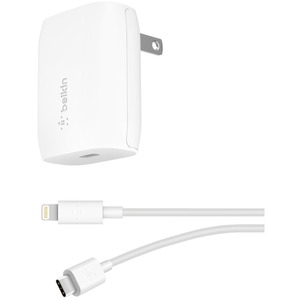 Belkin Wall Charger - Adaptador de corriente - 20 vatios - Carga rápida / SP (USB-C) - en el cable: Lightning - blanco - para Apple iPad/iPhone/iPod (Lightning)