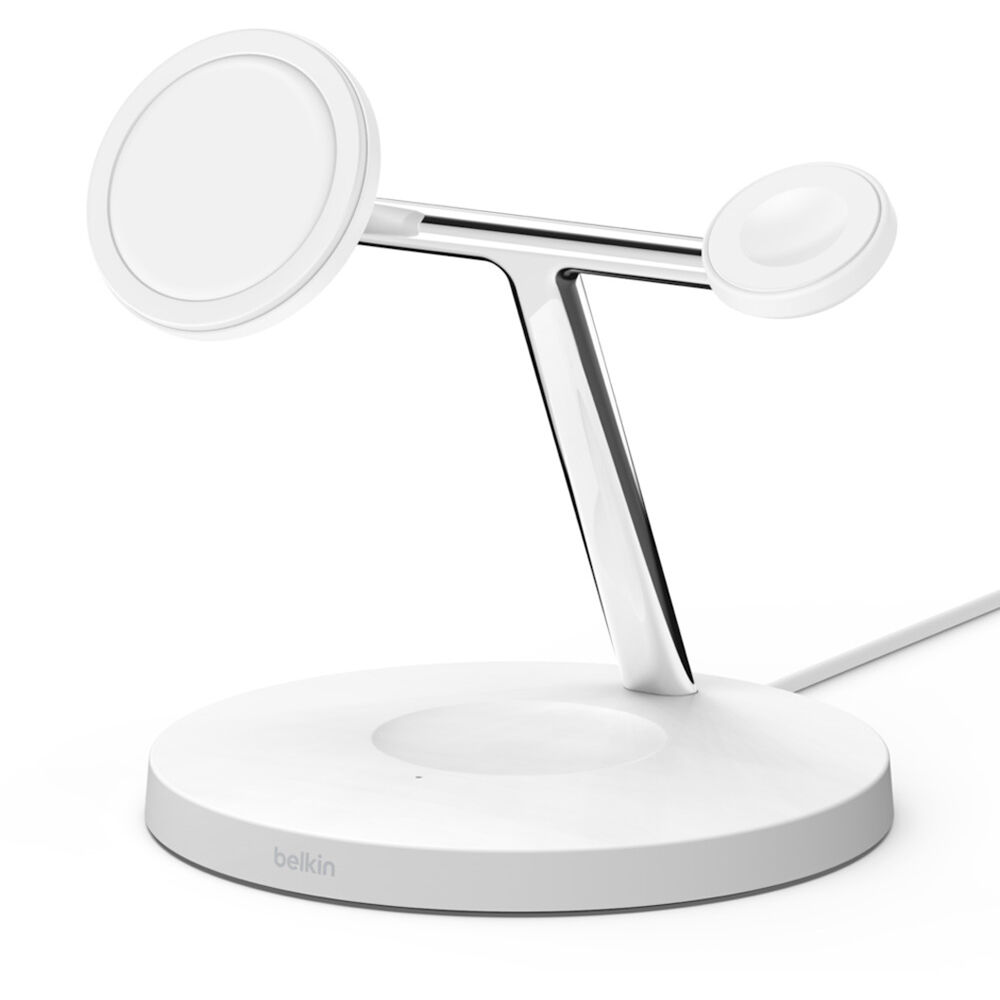Belkin BOOST CHARGE PRO MagSafe 3-in-1 - Base de carga inalámbrica - 15 vatios - blanco - para Apple AirPods (2nd Generation); AirPods Pro; iPhone 12, 12 mini, 12 Pro, 12 Pro Max; Watch