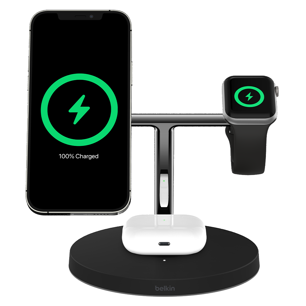 Belkin BOOST CHARGE PRO MagSafe 3-in-1 - Base de carga inalámbrica - 15 vatios - negro - para Apple AirPods (2nd Generation); AirPods Pro; iPhone 12, 12 mini, 12 Pro, 12 Pro Max; Watch