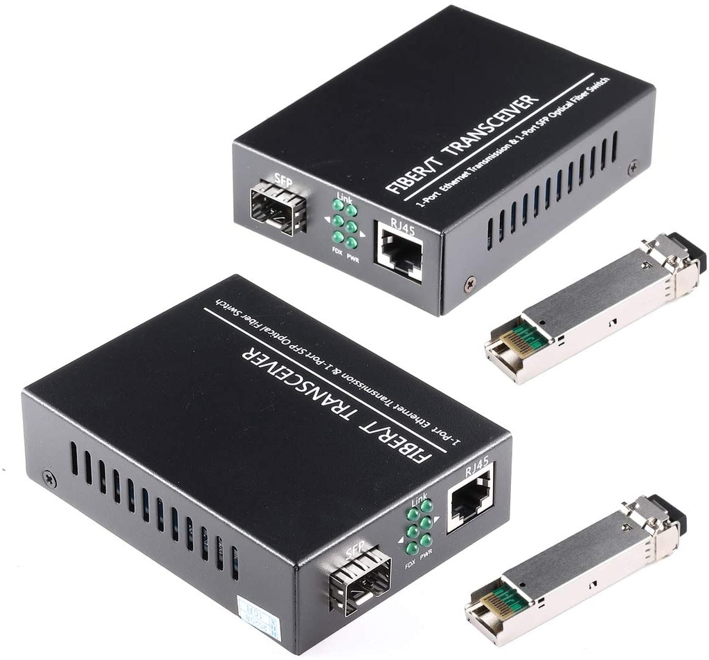 B08LDJ44XF-Un par de 1.25G/s Bidi Gigabit monomodo Fibra Ethernet Media Converter con 2PCS Bidi SFP LC Transceptor Módulo Incluido, 10/100/1000Base-Tx a 1000Base-SX SMF RJ45 a SFP Ranura hasta 30KM