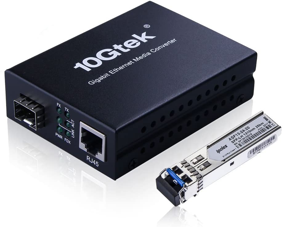 B0719HS31P-Convertidor de medios de fibra Gigabit LC monomodo (SFP LX Transceptor incluido), hasta 20KM, 10/100/1000Base-Tx a 1000Base-LX