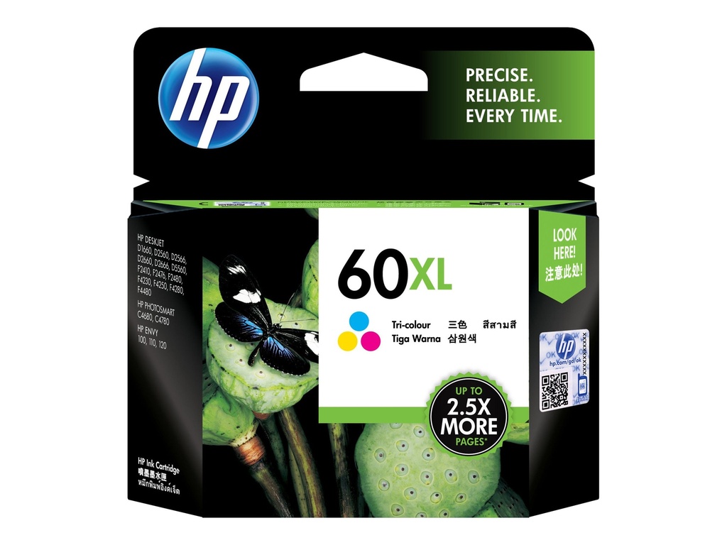 HP 60XL - 11 ml - Alto rendimiento - color (cian, magenta, amarillo) - original - cartucho de tinta - para Deskjet F2430, F4213, F4435, F4580; Envy 100 D410, 11X D411, 12X; Photosmart C4740, D110