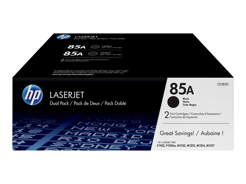 HP 85A - Paquete de 2 - negro - original - LaserJet - cartucho de tóner (CE285AD) - para LaserJet Pro M1132, M1136, M1212, M1217, P1102, P1104, P1106, P1107, P1108, P1109