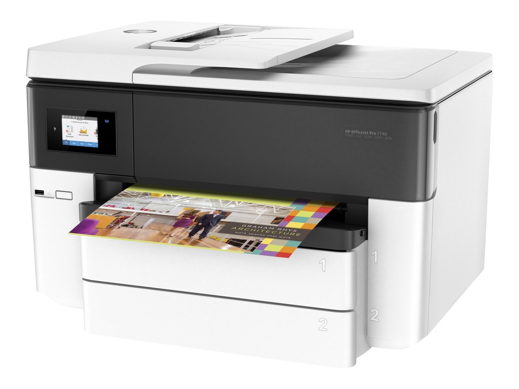 HP Officejet Pro 7740 All-in-One - Impresora multifunción - color - chorro de tinta - A3/Ledger (297 x 432 mm) (original) - A3/Ledger (material) - hasta 33 ppm (copiando) - hasta 22 ppm (impresión) - 250 hojas - 33.6 Kbps - USB 2.0, LAN, Wi-Fi(n), host USB