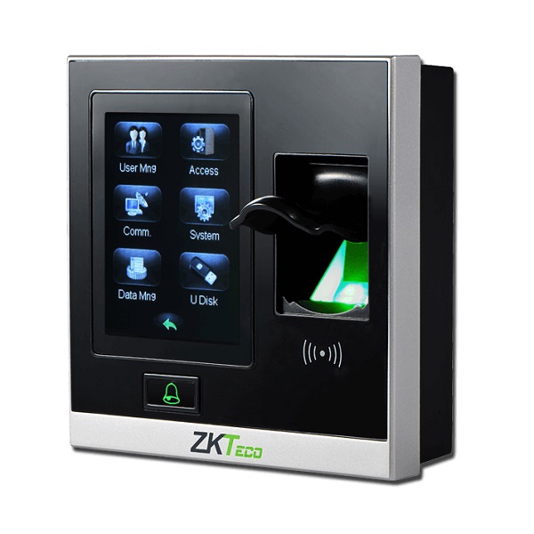 ZK Teco Security - SF400 -  Control de acceso de huellas dactilares basado en IP y tiempo de asistencia -  Capacidad de detección de huella: 1,500 - TCP/IP, USB Host - Capacidad Record: 80,000 - DC 12V/3A - 105 x 105 x 32mm - 2.8 Pulgadas de pantalla táctil resistiva - alarma - No Incluye fuente de poder