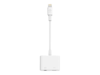 Belkin Lightning Audio + Charge RockStar - Adaptador de Lightning a conector de auriculares/de carga - Lightning (M) a miniconector de 4 polos, Lightning (H) - blanco
