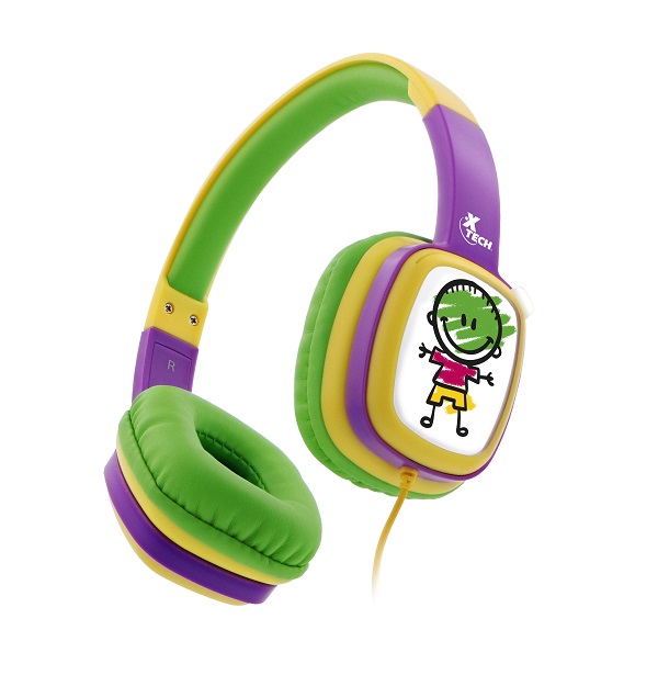 Xtech Sound Art - XTH-350YL - Auriculares con diadema - Cableado - Con tecnología con limitación de volumen - Audífonos de llamativos colores con un diseño cómodo y seguro, pero sobre todo muy divertido  - Protege la audición de los menores al limitar el volumen a 85dB, el máximo nivel recomendado por los médicos  - Cápsulas para los oídos con tarjetas intercambiables para que cada niño pueda colorear y plasmar su propio estilo  - Diadema ajustable y cápsulas del audífono se adaptan al niño