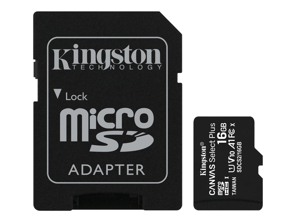 Kingston Canvas Select Plus - Tarjeta de memoria flash (adaptador microSDHC a SD Incluido) - 16 GB - A1 / Video Class V10 / UHS Class 1 / Class10 - microSDHC UHS-I