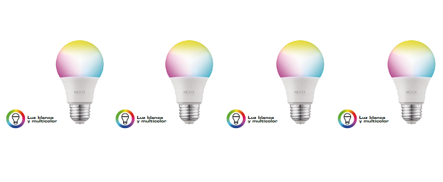 Nexxt Solutions Connectivity - Light Bulb - A19 RGB 110V 4PK - conexión WI-FI - Bombillo multicolor - Compatible con Amazon Alexa y Google Assistant - 800 Lumen - 9W(Equivalente a 60W) - 110 V/ 220 V