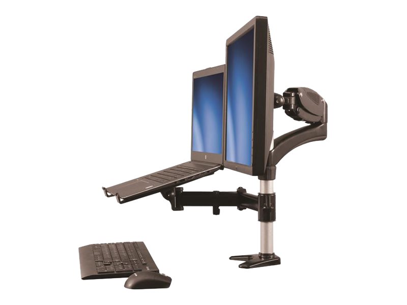 StarTech.com Laptop Monitor Stand - Computer Monitor Stand - Full Motion Articulating - VESA Mount Monitor Desk Mount - Mount (abrazadera polar, almohadilla de goma, estante para portátil, brazo elástico, brazo giratorio, 4 espaciadores, sujeción para colocación de cable, tornillos, llave) para portátil y pantalla LCD (brazo ajustable) - aluminio - negro - tamaño de pantalla: 15"-27" - montable en escritorio
