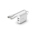 Belkin Dual Wall Charger - Adaptador de corriente - 24 vatios - 4.8 A - 2 conectores de salida (2 x USB) - en el cable: USB-C