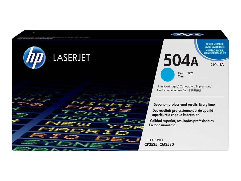 HP 504A - Cián - original - LaserJet - cartucho de tóner (CE251A) - para Color LaserJet CM3530 MFP, CM3530fs MFP, CP3525, CP3525dn, CP3525n, CP3525x
