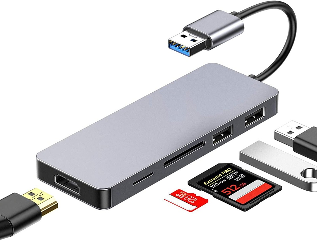B07X5VH1LJ-Adaptador USB a HDMI, concentrador USB 5 en 1 con convertidor USB 3.0 a HDMI 1080p para monitor de ordenador portátil, 2 puertos USB 2.0, lector de tarjetas SD/Micro SD, compatible con Windows 7/8/8.1/10 [No compatible con Mac, Cromo, Linux]