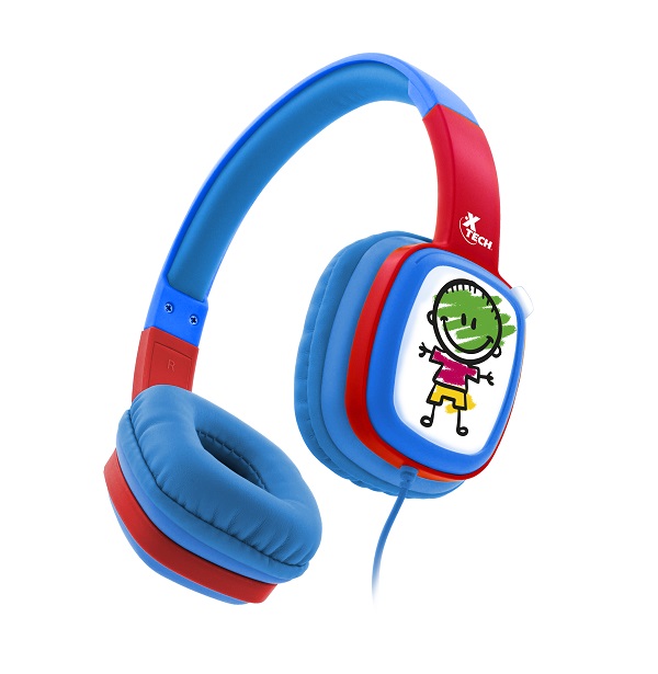 Xtech Sound Art - XTH-350BL - Auriculares con diadema - Cableado - Con tecnología con limitación de volumen - Audífonos de llamativos colores con un diseño cómodo y seguro, pero sobre todo muy divertido  - Protege la audición de los menores al limitar el volumen a 85dB, el máximo nivel recomendado por los médicos  - Cápsulas para los oídos con tarjetas intercambiables para que cada niño pueda colorear y plasmar su propio estilo  - Diadema ajustable y cápsulas del audífono se adaptan al niño