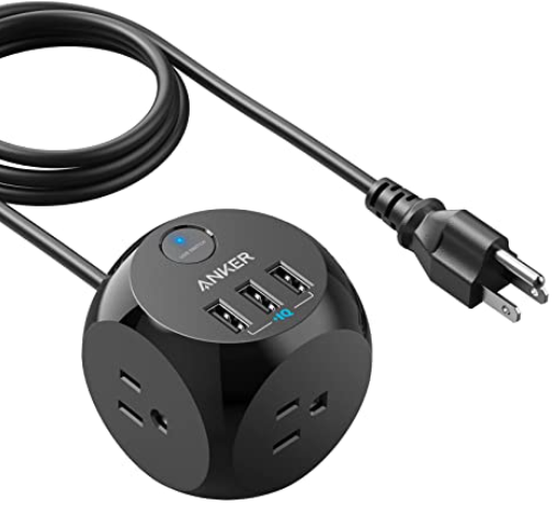 Anker PowerPort Cubo, 3 tomas y 3 USB portátil con control de interruptor, protección de sobrecarga, cable de 5 pies para iPhone XS/XR/Max, ultra compacto para viajes, cruceros y oficina certificado UL