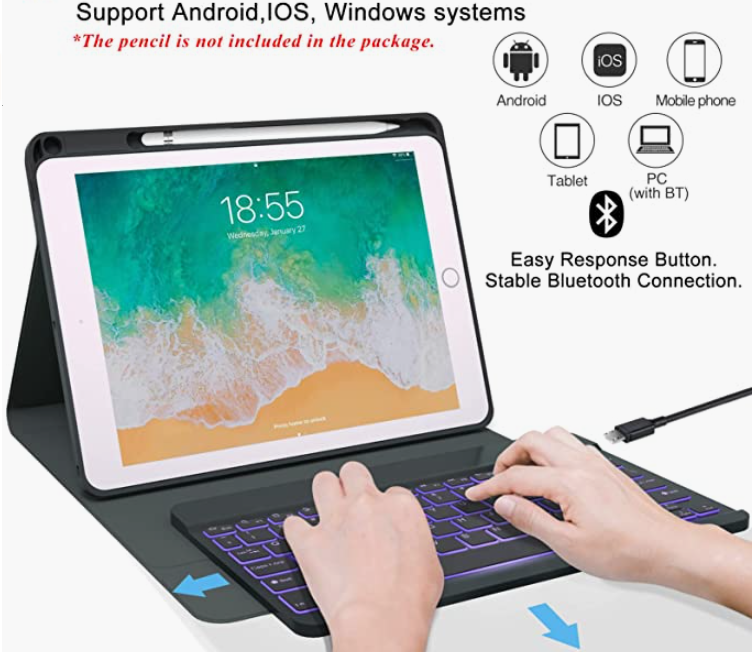 Funda para teclado para iPad de 5ª/6ª generación 2017/2018, funda para iPad Air 2 de 9.7 pulgadas con teclado, teclado retroiluminado inalámbrico extraíble, funda inteligente folio, funda para tablet con soporte para lápices