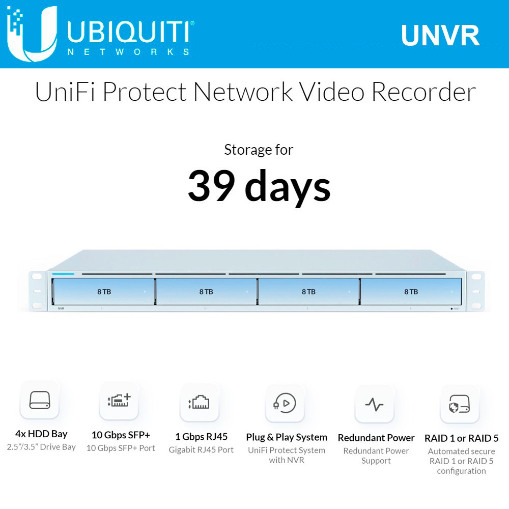 UNVR - NVR Empresarial UniFi Protect de 4 Bahías de Disco Duro, recomendado para hasta 50 cámaras Full HD