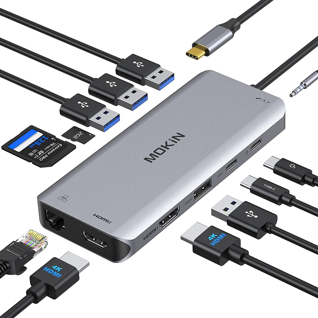 B09Y8VRXNP- Estación de acoplamiento USB C Dual Monitores, HDMI dual 12 en 1 USB C Hub con HDMI 4K, cargador PD de 100 W, transferencia de datos USB C, Gigabit Ethernet, 4 puertos USB, lector de tarjetas SD/TF audio