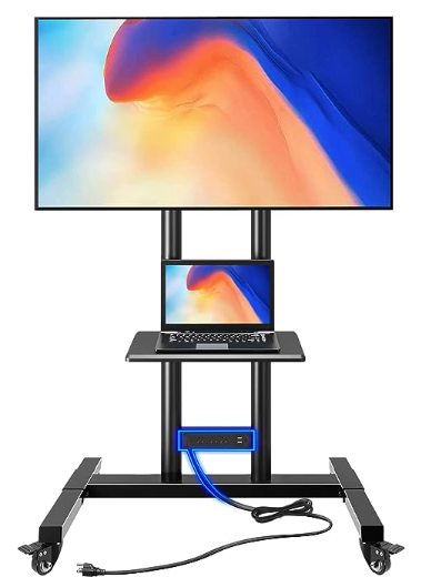 Greenstell Soporte de TV con toma de corriente, carrito de TV móvil con ruedas para televisores de pantalla plana LED LCD de 32 a 85 pulgadas, hasta 132 libras, soporte de TV con ruedas de altura ajustable con estante AV, VESA máximo de 23.622 x 15.748 in
