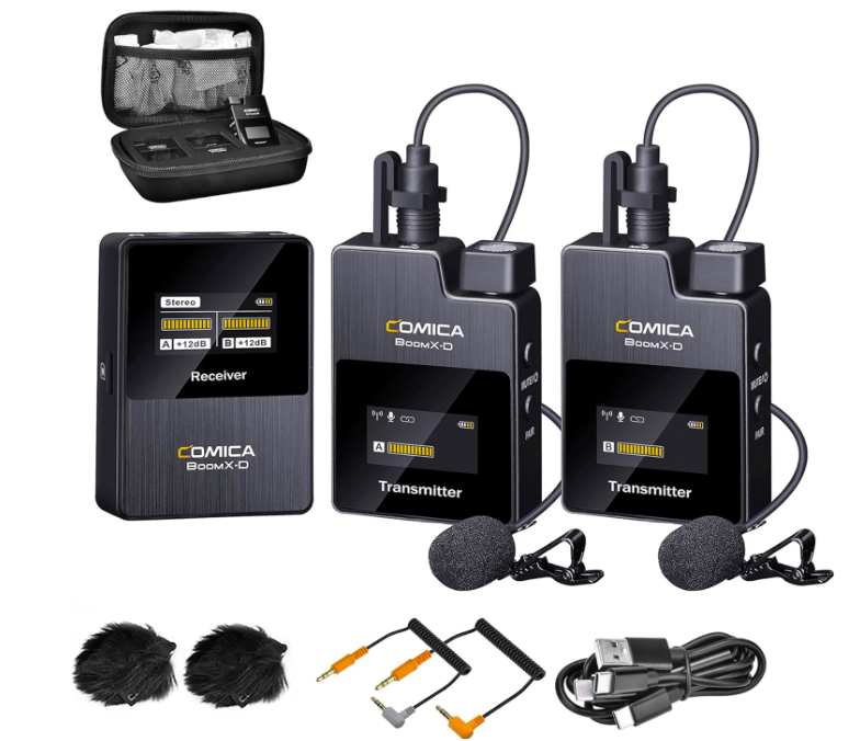 Comica BoomX-D2 - Micrófono de solapa inalámbrico compacto de 2.4 G, con 2 transmisores y 1 receptor, micrófono Lav