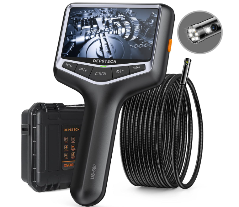 DEPSTECH DS600 Boroscopio de doble lente, cámara endoscopio de mano 1080P con luz, cámara de inspección de 4.3 " cámara de alcance de 0.311 in, cable de cuello de cisne desmontable, funda resistente, tarjeta de 32 GB