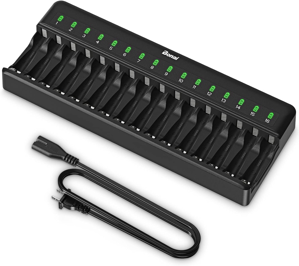 MY-C006-BONAI Cargador de batería AA AAA de 16 bahías para baterías recargables NiMH NiCD Control independiente con luz LED y enchufe de carga de CA americano estándar, batería no incluida, color negro