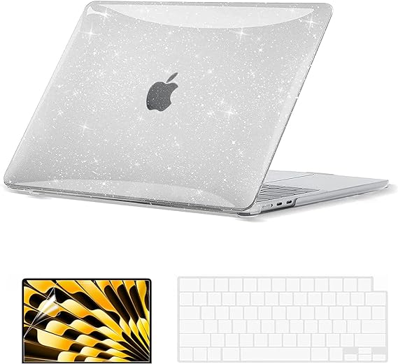 EooCoo Funda compatible con MacBook Air de 15 pulgadas versión 2024 2023 A2941 M2 Chip Liquid Retina Display & Touch ID, carcasa rígida de plástico con purpurina + funda de teclado + protector