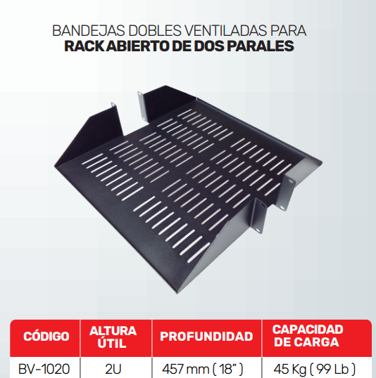 BV-1020 - QUEST Bandeja Doble Ventilada Formato 19' 2U, Profundidad 46 cm. resistencia 45 Kg.
