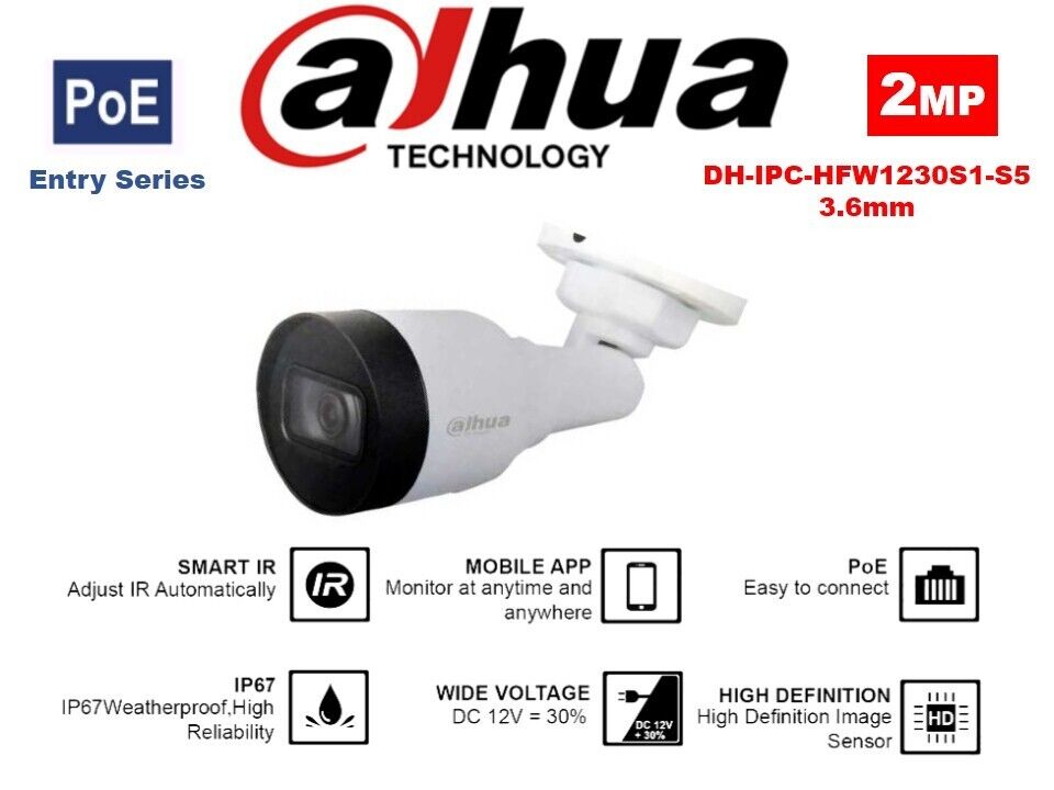 IPCHFW1230S1S5-Bullet, IP, 2MP, lente fijo 2.8 mm, IR 30, IP67, POE. (Dahua)