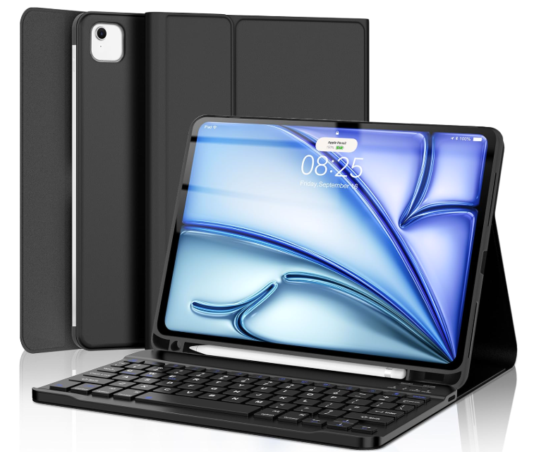 D DINGRICH Funda para iPad Air de 11 pulgadas M2, 6ª generación con teclado 2024, funda de cuero Smart Folio con portalápices para iPad Air M2 de 11" color negro