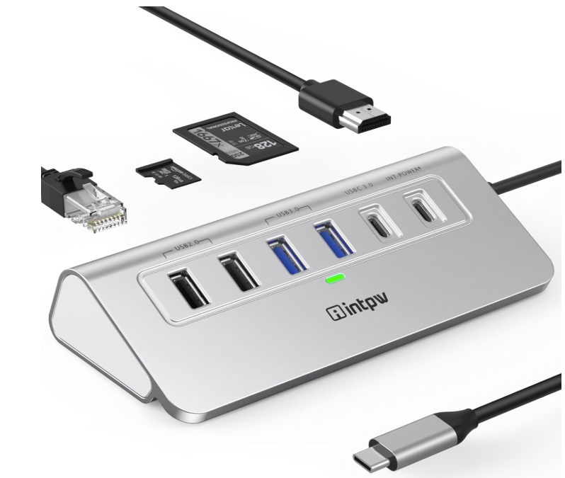 Hub USB C, estación de acoplamiento USB 10 en 1, adaptador USB a Ethernet de aluminio con HDMI 4K