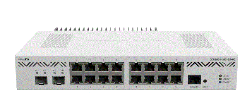 CCR200416GPC-/El CCR2004-16G-2S+PC de MikroTik es un router para uso de borde o core de un ISP, como tambien de una empresa donde deseen contar con administración muy completa, este modelo cuenta con 16 puertos ethernet gigabit, 2 puertos SFP+ y un excelente procesamiento por sus 4 nucleos y refrigeración pasiva